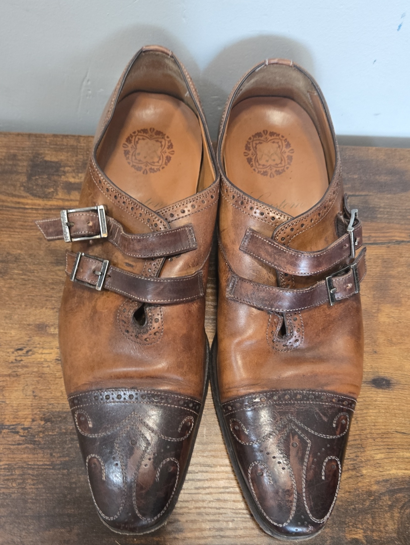 Mezlan Two-Tone Brown Double Strap Custom Monk Brogue Shoes